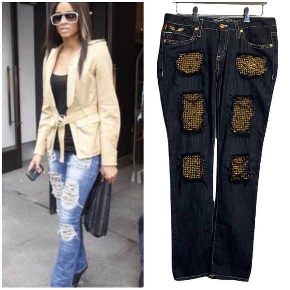 Robin’s Jean Gypsy Black wash  Slim Straight Gold Studded distressed USA 30 - Picture 1 of 15